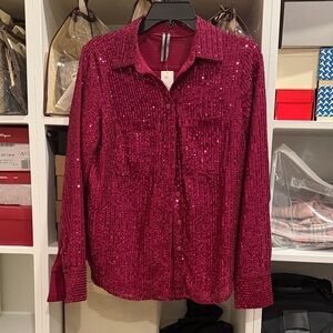 Anthropologie Burgundy Sequin Button Down Shirt